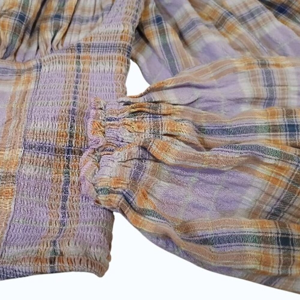 FREE PEOPLE Lavender Plaid Puff Sleeve Crop Midriff Blouse - Picture 8 of 12